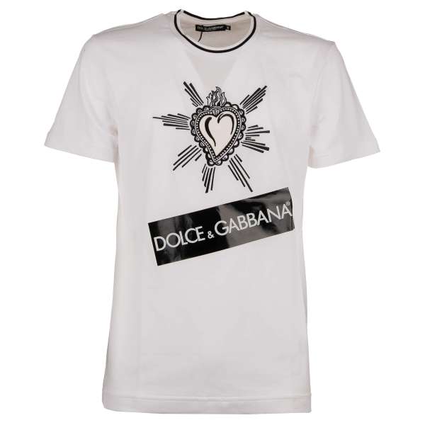 Baumwolle T-Shirt mit besticktem Sacred Heart aus Samt und großem Logo Sticker von DOLCE & GABBANA