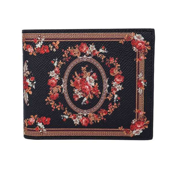 Dauphine leather wallet with roses print and DG logo plate in black and red by DOLCE & GABBANA