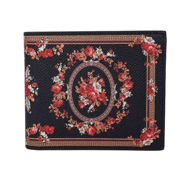 Portemonnaie / Geldbörse aus Dauphine Leder mit Rosen Print und Logo Schild in Schwarz und Rot von DOLCE & GABBANA 