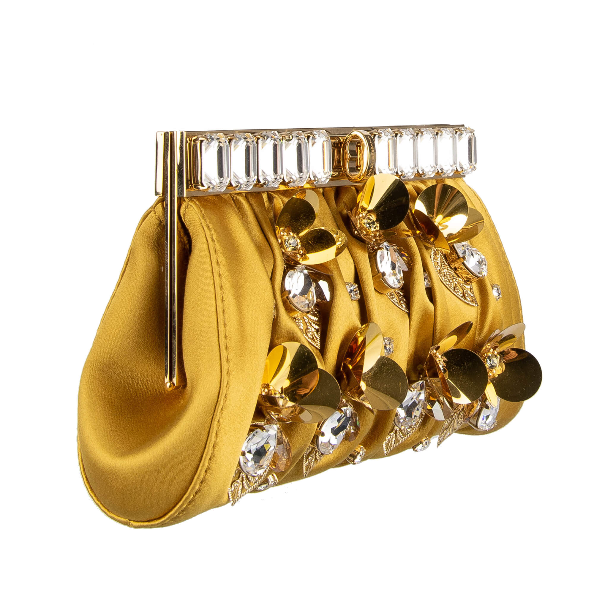 Dolce Gabbana Jeweled Crystals Floral Embellished Satin Clutch Evening Bag SARA Gold FASHION ROOMS