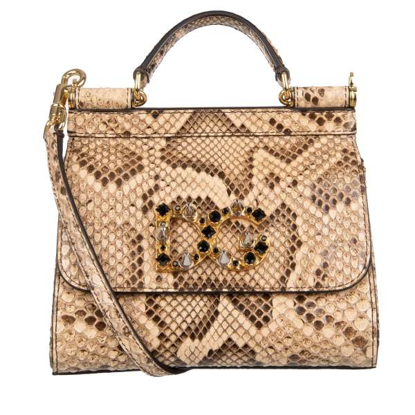 Snakeskin Top Handle Bag / Shoulder Bag SICILY Small with large DG logo with crystals and studs by DOLCE & GABBANA