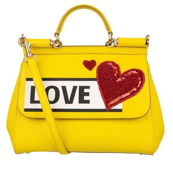 Dauphine Leather Tote / Shoulder bag SICILY Medium with sequined heart, LOVE lettering and logo plate by DOLCE & GABBANA