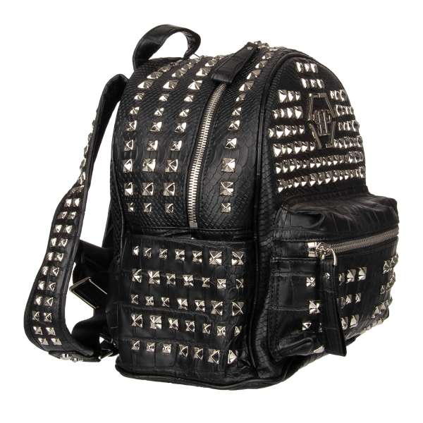 Studded PVC Backpack NOW with snake texture and logo plates by PHILIPP PLEIN
