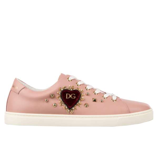 Leather Sneaker LONDON with DG velvet Heart patch and studs in light pink and white by DOLCE & GABBANA