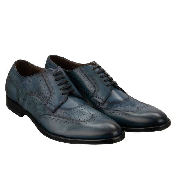 Leather derby shoes with decorative components in blue by DOLCE & GABBANA