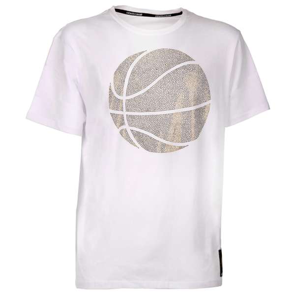 Cotton T-Shirt with crystal basketball ball in gold and white by ROBERTO CAVALLI