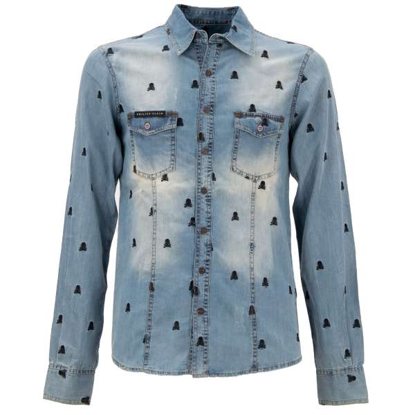 Jeans / Denim shirt with skull embroidery and two front pockets in blue by PHILIPP PLEIN