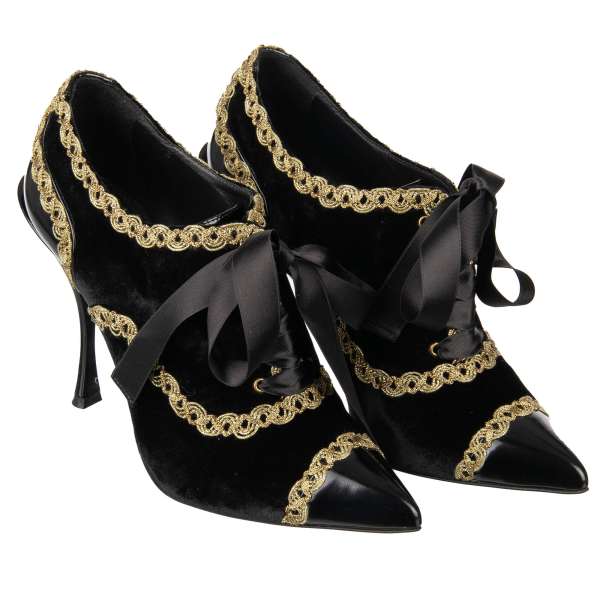 Pointed Velvet and Leather Pumps LORI in black with golden lace embroidery by DOLCE & GABBANA