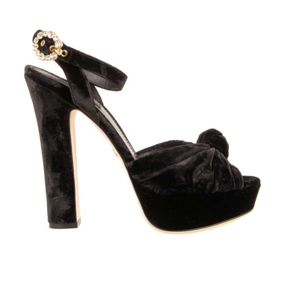 Leather and Velvet Platform Sandals BIANCA with crystal buckle in black by DOLCE & GABBANA