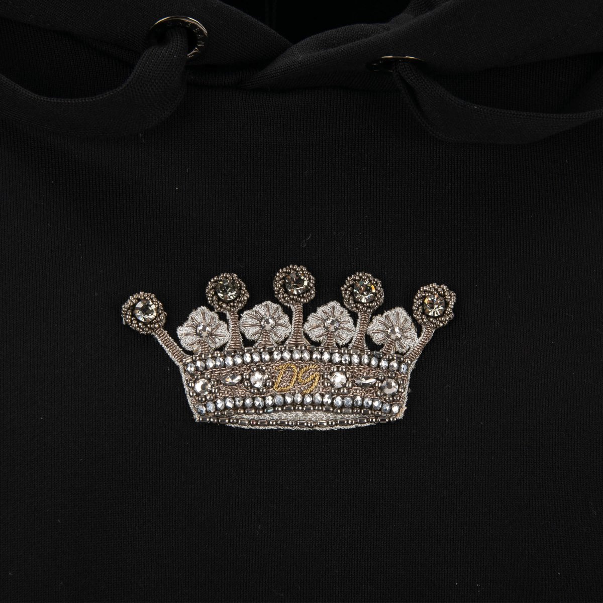 Dolce Gabbana Cotton Hoodie with Crown Embroidery and Velvet Sleeves Black 46 S FASHION ROOMS