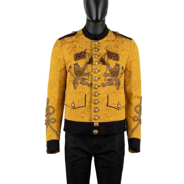 Military / Royal Uniform Jacke aus Jacquard mit handgemachter Löwen Wappen Stickerei vorne, bestcktem Wappen auf der Rückseite und dekorativen Löwen-Gravur Knöpfen von DOLCE & GABBANA