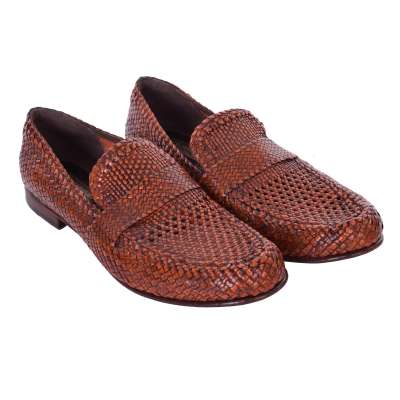 Woven Buffalo Leather Moccasins Shoes GENOVA Orange 40