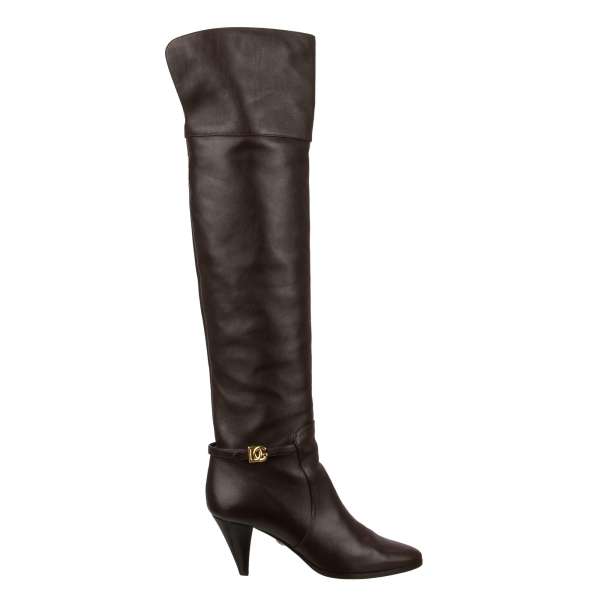 DG Gold Logo Overknee Boots CAROLINE made of soft lamb leather with heel in brown with by DOLCE & GABBANA