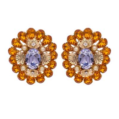 Baroque Crystal Pearl Earrings Clips Orange Purple Gold