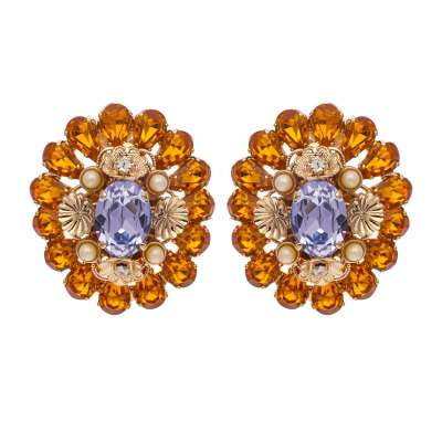 Baroque Crystal Pearl Earrings Clips Orange Purple Gold