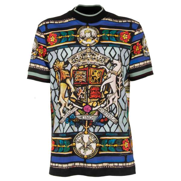 Cotton T-Shirt with Lion, Unicorn, King and Crown print, ripped details with stripes in blue, yellow and black by DOLCE & GABBANA
