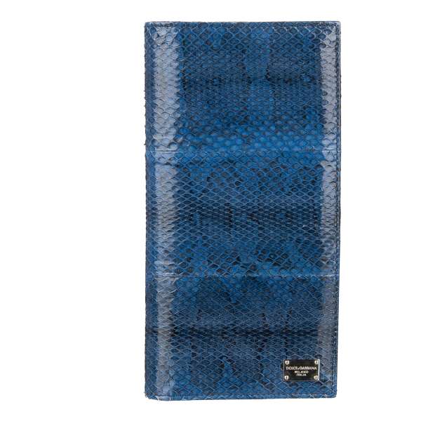 Large snakeskin bifold wallet with many pockets and slots and DG logo plate in blue by DOLCE & GABBANA