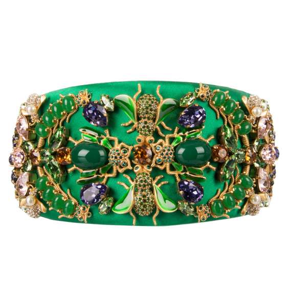 Hairband with bugs, flies brooches and crystals in Gold and Green by DOLCE & GABBANA