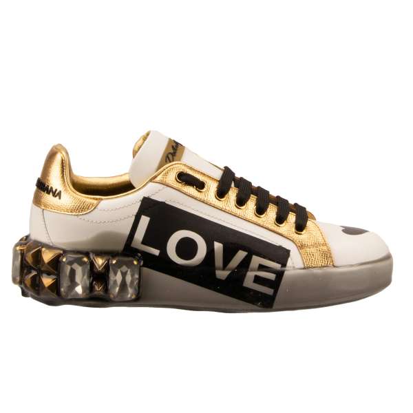 Leather Sneaker PORTOFINO with studs, crystals, Love and Heart prints in black, gold and white by DOLCE & GABBANA