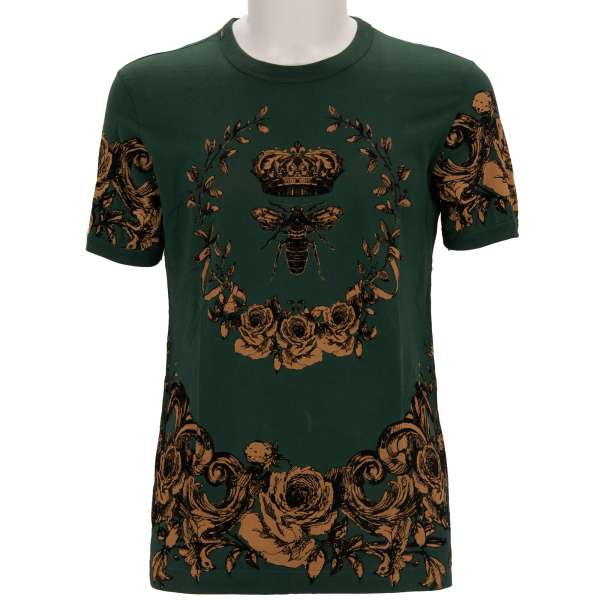 Baumwolle T-Shirt mit Napoleon Biene Krone Motiv in Grün von DOLCE & GABBANA