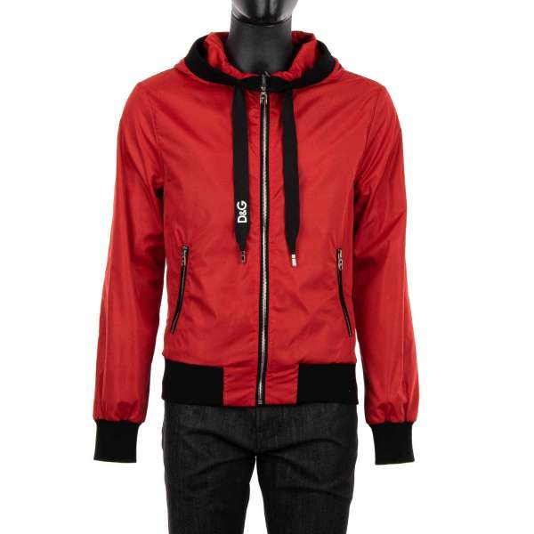 Nylon jacket with hood and Dolce&Gabbana Logo application in red and black by DOLCE & GABBANA