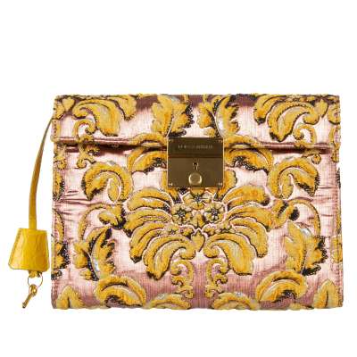 Kaiman Leder und Brokat Clutch Tasche CLEO mit Floraler Textur Gelb Pink
