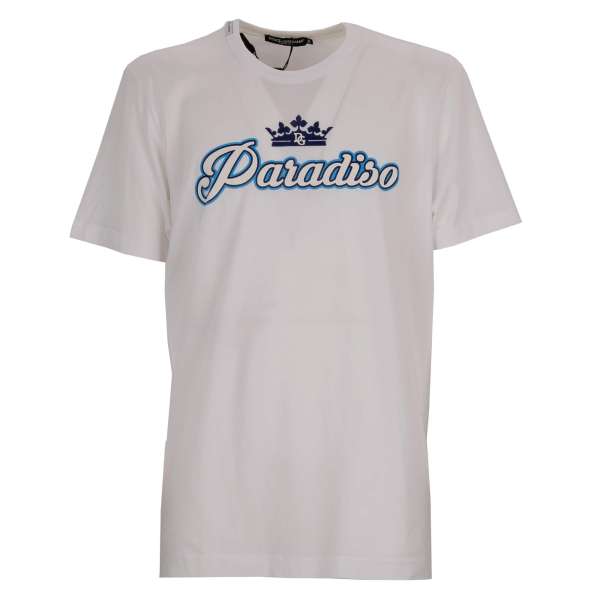 Cotton T-Shirt with DG Crown Logo Paradiso print and logo patch on the neck by DOLCE & GABBANA