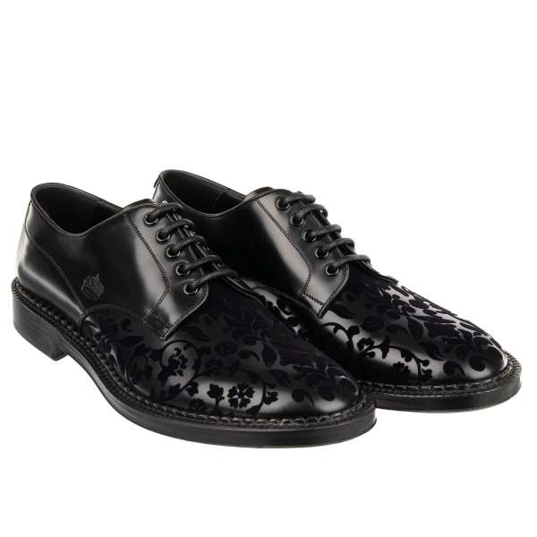 Leather derby shoes MARSALA with baroque floral velvet decorations, crown and DG Logo on the back in black by DOLCE & GABBANA