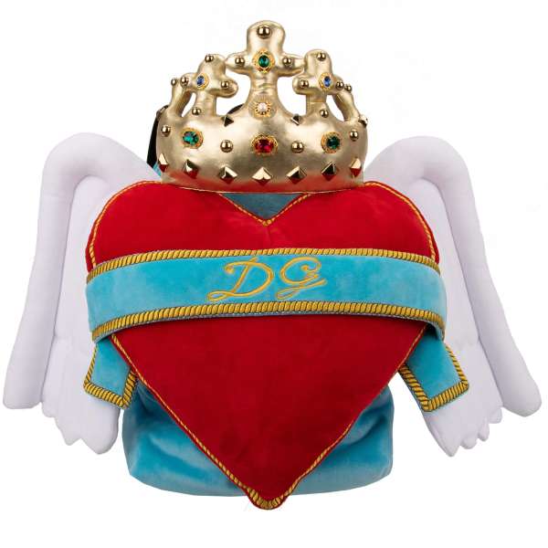 Unique unisex velvet Heart Angel Backpack with wings, embroidered DG Logo and golden crown with crystals and studs by DOLCE & GABBANA