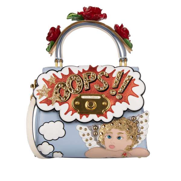 Embellished Tote / Shoulder Bag WELCOME Medium with double handle with roses, embellished with angel patch, crystals, studs and Oops lettering by DOLCE & GABBANA