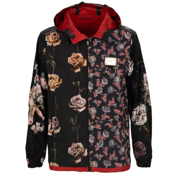 Light roses angel flower printed jacket with hood and DG metal Logo in red and black by DOLCE & GABBANA
