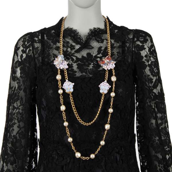 Double Necklace with hand painted and leather flowers, butterflies, pearls and crystals in gold by DOLCE & GABBANA