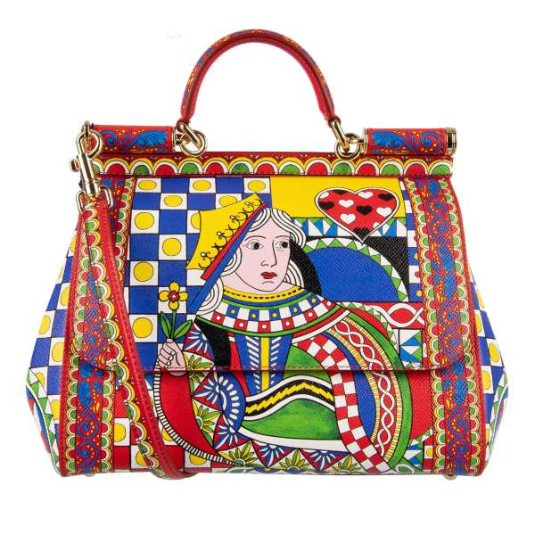 Dauphine Leather Tote / Shoulder Bag SICILY Medium with Carretto Siciliano Print and metal logo plate by DOLCE & GABBANA
