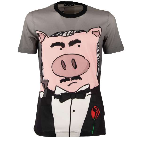 Printed cotton T-Shirt with Pig with Suit print and logo sticker by DOLCE & GABBANA