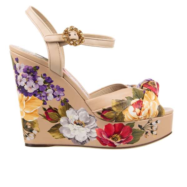 Floral printed leather platform sandals BIANCA with crystal buckle in beige by DOLCE & GABBANA