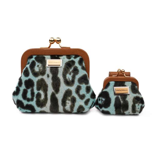 Two Leopard print fur leather purse bag for belt with DG metal logo plate in blue and brown by DOLCE & GABBANA