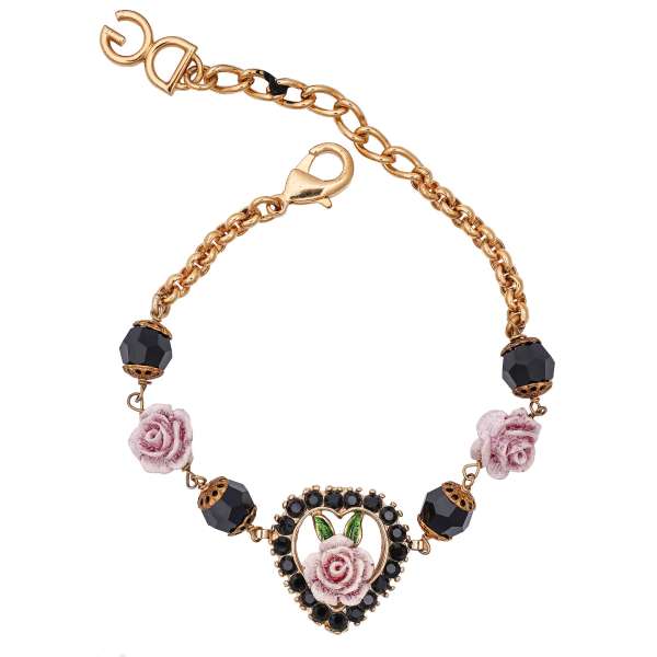 Bracelet embellished with hand painted roses, heart element and crystals in gold, black and pink by DOLCE & GABBANA