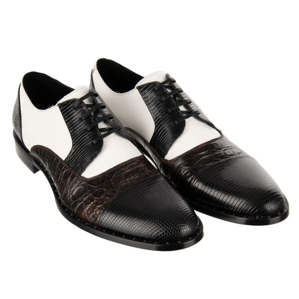Exklusive, formelle Patchwork Derby Schuhe NAPOLI aus Waran-, Kaiman- und Kalbsleder in Braun und Weiß von DOLCE & GABBANA