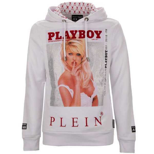 Hoodie Sweater with a crystals graphic print of a magazine cover of of Victoria Silvstedt at the front and crystals embellished 'Playboy Plein' lettering printed at the back by PHILIPP PLEIN x PLAYBOY