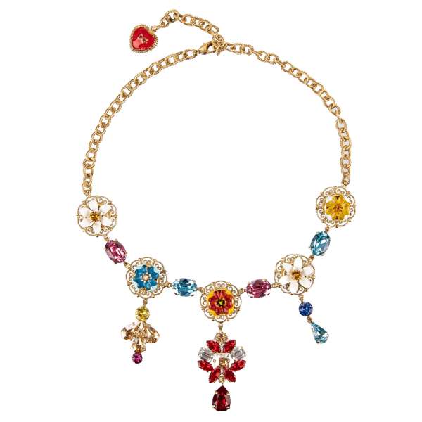 Maiolica Chocker necklace with colorful crystals, flowers and filigree details in gold by DOLCE & GABBANA