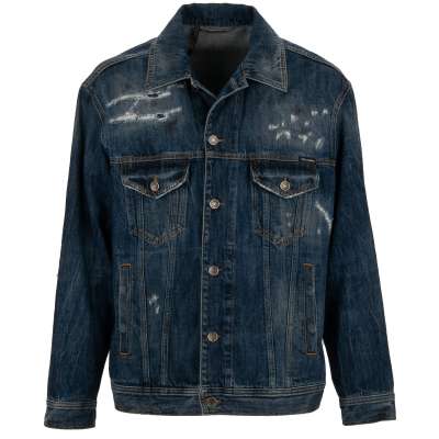 DG Leather Logo Distressed Denim Oversize Jeans Jacket Blue 48 M L