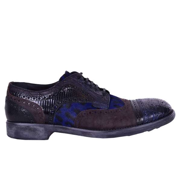 Multicolor patchwork crocodile, lizard, calf leather and fur brogues shoes MILANO by DOLCE & GABBANA Black Label