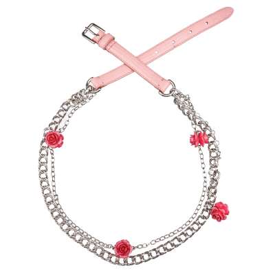Rose Roses Crystal Lizzard Structure Leather Chain Belt Pink Silver