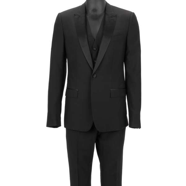 Virgin wool 3 piece suit, jacket, waistcoat, pants with shawl silk lapel in black by DOLCE & GABBANA 