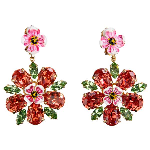 "Fiori" cherry flower Clip Earrings adorned with crystals in gold, pink and green by DOLCE & GABBANA