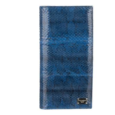 Large Snakeskin Wallet with Many Pockets and Logo Plate Blue