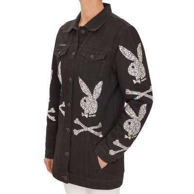 Playboy Kristall Denim Jeans Parka Jacke Schwarz S 