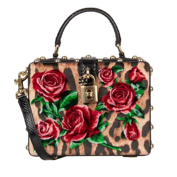 Unique leopard printed snakeskin and velvet clutch / shoulder bag DOLCE BOX with studs, embroidered roses and decorative padlock by DOLCE & GABBANA