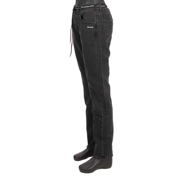 5-pockets Back Dart Jeans with Off-White patch, logo plate and printed lace belt by OFF-WHITE c/o Virgil Abloh