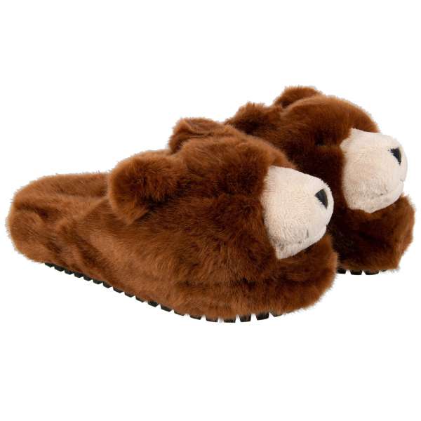 Faux fur Bears slipper shoes SAINT BARTH with rubber sole in Brown by DOLCE & GABBANA